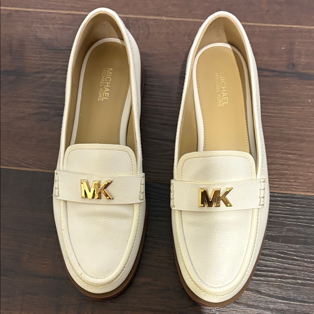 Michael Kors Cream Loafers with Gold Logo